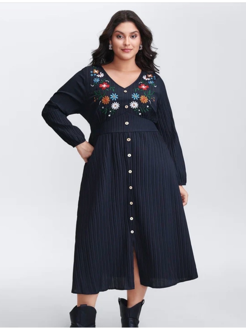BloomChic Navy Long-Sleeve Embroidered Button-Front Midi Dress